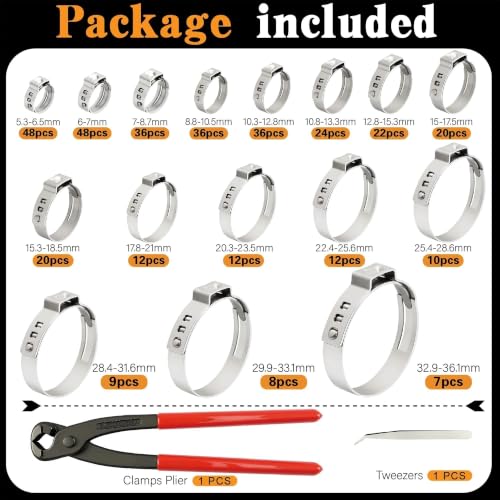 360Pcs Single Ear Hose Clamps Kit,Stepless 5.3-36.1mm 304 Stainless Steel Hose Repair Clamp Cinch Rings,Ear Clamp Pliers Tool with Portable Toolbox for Automotive Fuel Line Plumbing PEX DIY - size: 360PCS
