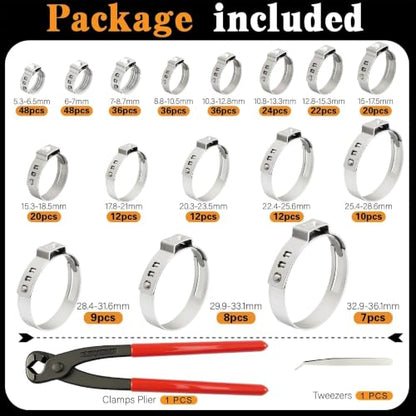 360Pcs Single Ear Hose Clamps Kit,Stepless 5.3-36.1mm 304 Stainless Steel Hose Repair Clamp Cinch Rings,Ear Clamp Pliers Tool with Portable Toolbox for Automotive Fuel Line Plumbing PEX DIY - size: 360PCS