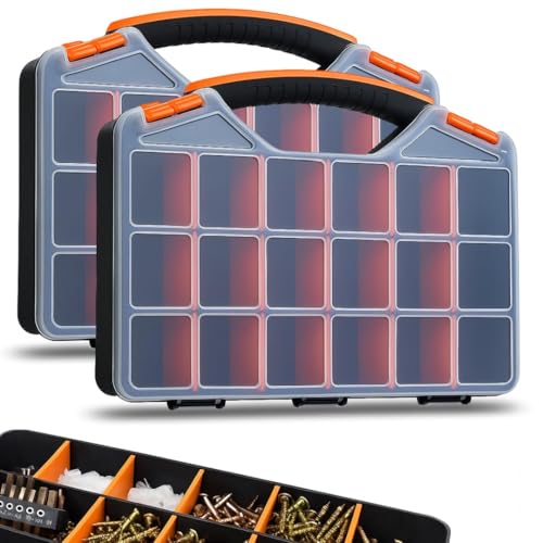 Andalus Tools Organizer Box, Small Parts Storage 18-Compartment Portable Hardware Organizer Removable Plastic Dividers for Screws, Nuts, Bolts, Nails – Orange (2 Pack, 12.75" x 10" x 1.75") - color: 2 Pack (12.75 x 10 x 1.75 Inches)