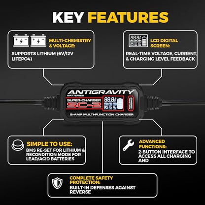 Antigravity Super-Charger – 2-Amp 6V/12V Multi-Function Battery Charger & Maintainer for Lithium (LiFePO4) and Lead/Acid Batteries, LCD Display, Auto Winter Mode, Recondition Feature