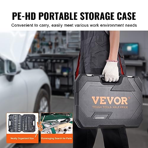 VEVOR Socket Set, 1/4" and 3/8" Drive Socket and Ratchet Set, 6-Point Socket Opening, 106 Pcs Tool Set SAE and Metric, Deep and Standard Sockets, 5/32-1 in, 5-19 mm, with Accessories, Storage Case - size: 1/4"&3/8", style: 106 PCS