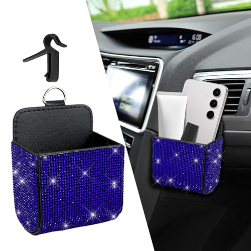 Car Vent Storage Organizer, Coin Holder for Car, Rhinestone Auto Vent Leather Pocket, Universal Car Accessories Bling Automotive Pouch Box with Hook Fit for Sunglasses, Key, Coin (Royal Blue) - color: Royal Blue