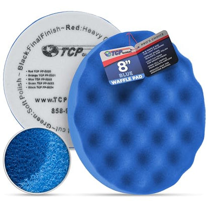 TCP Global 8" Blue Waffle Foam Buffing Pad Hook and Loop Backing - Light Cut Pad for Polishing, Automotive, Marine, Truck, RV & Compound Cutting, Car Polishing Pads - color: Blue