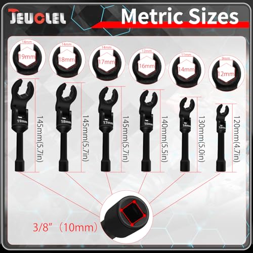6PCS 3/8" Drive Long Flex Head Injector Fuel Line Socket Wrench Set, Crowfoot Flare Nut Socket Wrench Metric 12mm 14mm 16mm 17mm 18mm 19mm Hydraulic Lines Nuts Bolts Hand Removal Tool - size: 6Pcs Long Flex Head Socket (Red)