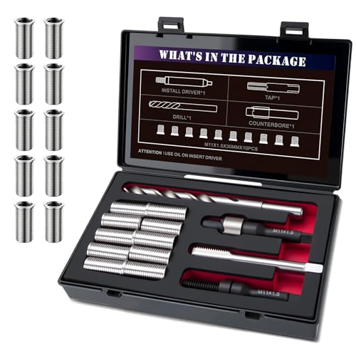M11X1.5 Metric Thread Repair Kit with Insert HSS Drill, Tap, Counterbore, Installation Driver, 10PCS Stainless Steel Insert M11X1.5X30MM
