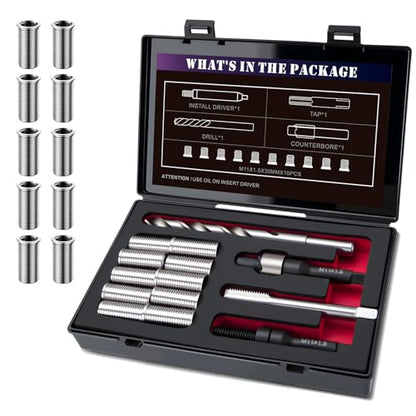 M11X1.5 Metric Thread Repair Kit with Insert HSS Drill, Tap, Counterbore, Installation Driver, 10PCS Stainless Steel Insert M11X1.5X30MM