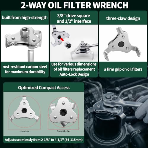 5Pcs Automotive Oil Filter Wrench Set Contains Rubber Strap Wrench, 3-Jaw Universal Oil Filter Removal Tool, Car Snap Funnel for SUVs, ATVs, Vehicle, Motorcycles, Trucks