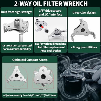 5Pcs Automotive Oil Filter Wrench Set Contains Rubber Strap Wrench, 3-Jaw Universal Oil Filter Removal Tool, Car Snap Funnel for SUVs, ATVs, Vehicle, Motorcycles, Trucks