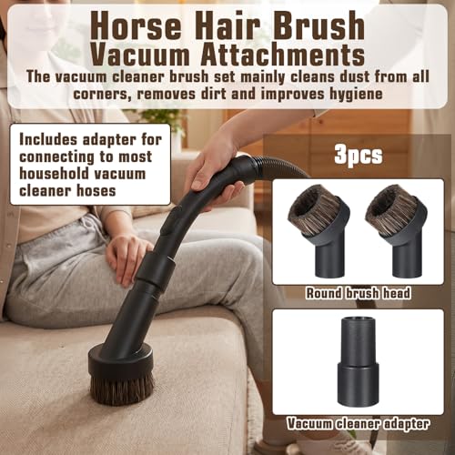 Horse Hair Brush Vacuum Attachment Set 3PCS, Round Dusting Brush for 1.25 Inch Hose, Soft Bristle Vacuum Attachments for Carpet Upholstery Cleaning, Canister Stick Vacuums Accessories