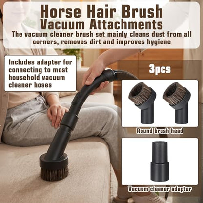 Horse Hair Brush Vacuum Attachment Set 3PCS, Round Dusting Brush for 1.25 Inch Hose, Soft Bristle Vacuum Attachments for Carpet Upholstery Cleaning, Canister Stick Vacuums Accessories