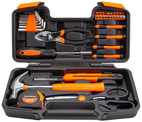 CARTMAN 39-Piece Household Tool Set, Orange Hand Kit With Storage Case | Complete assortment for home repairs, DIY projects, furniture setup, crafting, and daily household fixes in toolbox. - color: Orange