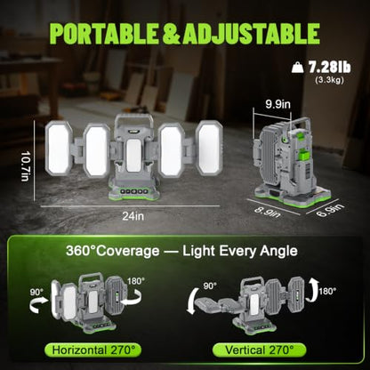 10,000LM Portable LED Work Light Compatible with Ego 56V Battery, 6 Brightness + Boost Mode, 5 Color Temps, Foldable 4-Panel with Detachable Mini Light, Tripod Mount & Hook (Tool Only) - color: Neon Green