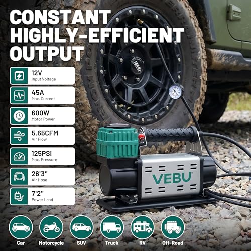 12V Air Compressor, 125PSI Tire Inflator with In-line Pressure Gauge, 5.65CFM Fast Inflation for Off-road Vehicles, Trucks, SUVs, RVs, ATVs, DC Power, Corded Electric - style: Single Cylinder + Inline Gauge