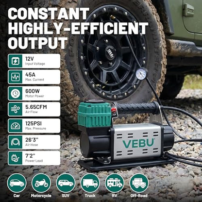 12V Air Compressor, 125PSI Tire Inflator with In-line Pressure Gauge, 5.65CFM Fast Inflation for Off-road Vehicles, Trucks, SUVs, RVs, ATVs, DC Power, Corded Electric - style: Single Cylinder + Inline Gauge