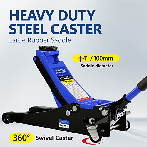 3T Low Profile Steel Floor Jack, 6600 lb, Dual Pump, 3.3"-18.5" Lift, Blue | Heavy-duty steel, dual-piston quick lift, low profile, 3.3"-18.5" range, overload safety protection. - size: 3T Dual Pump 3.3"-18.5"