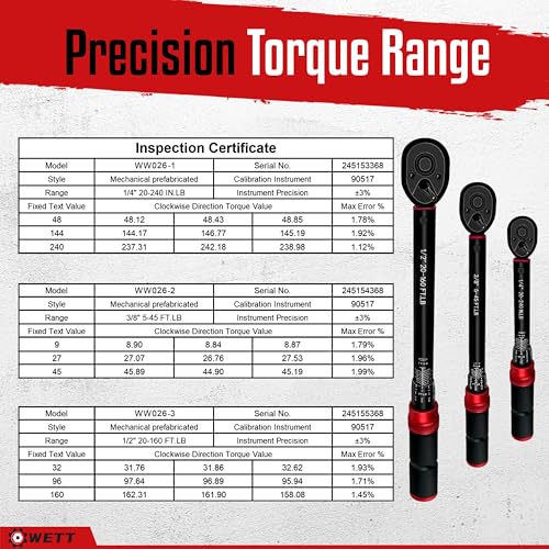 WETT 11Pcs Torque Wrench Set, 1/4'' & 3/8'' & 1/2'' Drive Click Torque Wrench, with Extension Bars & Adapters, Dual-Direction Adjustable Reversible 72-Tooth Ratchet Handle - size: 1/4 & 3/8 & 1/2-inch Drive (11Pcs)