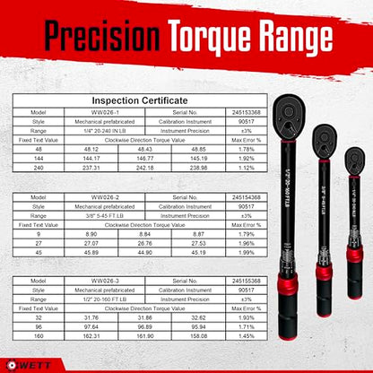 WETT 11Pcs Torque Wrench Set, 1/4'' & 3/8'' & 1/2'' Drive Click Torque Wrench, with Extension Bars & Adapters, Dual-Direction Adjustable Reversible 72-Tooth Ratchet Handle - size: 1/4 & 3/8 & 1/2-inch Drive (11Pcs)