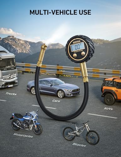AstroAI Tire Pressure Gauge for Cars with Backlit LED, Solid Brass with Rubber Hose, Air Bleeder Valve, ANSI B40.7 Grade 2A(±0.5%), 3-250PSI - size: 3-250PSI