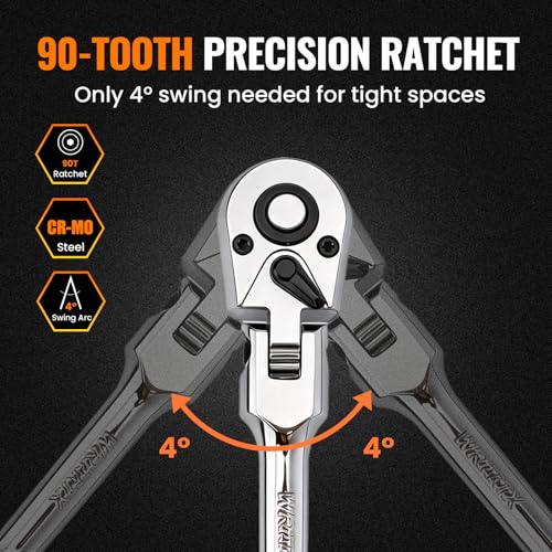 Flex Head 3/8" Drive Ratchet Wrench, 90T Long Reach Ratchet, Quick-Release Reversible with Cr-Mo Head and 6" Extension Bar for Tight Spaces & Automotive Repair - size: 3/8"