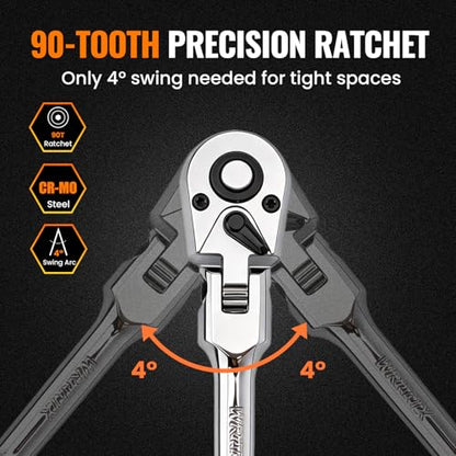 Flex Head 3/8" Drive Ratchet Wrench, 90T Long Reach Ratchet, Quick-Release Reversible with Cr-Mo Head and 6" Extension Bar for Tight Spaces & Automotive Repair - size: 3/8"