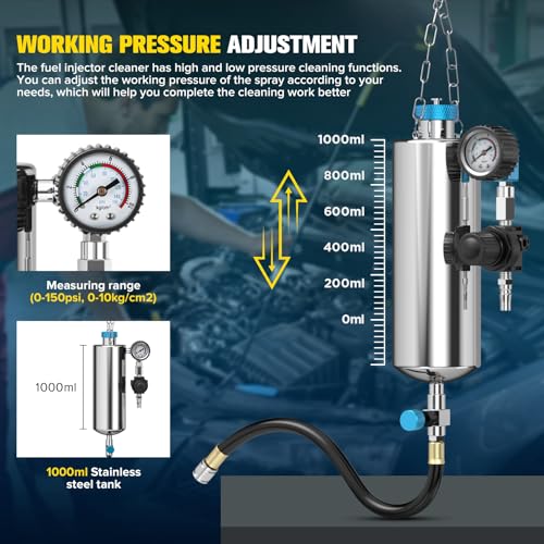PLAYOCCAR Fuel Injector Cleaner Kit 1000ML 150PSI Non-Dismantling 21PC | For Gasoline Injector, Pressure Regulator & Intake System, 21-Piece Adapter Set, Efficient Fuel System Cleaning Tool