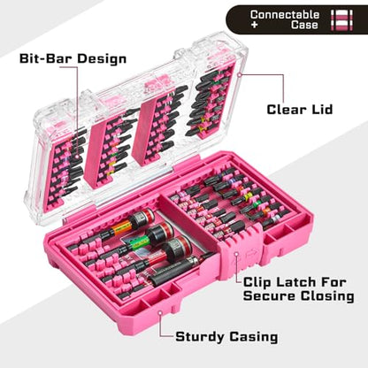 Geinxurn 47Pieces Impact Screwdriver Bits Set, Magnetic S2 Steel 1” Phillips/Square/Torx/Slotted/Hex/Security Torx Bits Tips,Impact Bit Holder with Pink Storage Box Case - style: UTC047-PK