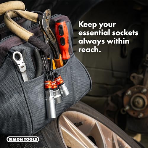 Simon tools Socket Holder Keychain 3pc - 3/8 Socket Organizer with Quick Release and Clip - Perfect Impact Wrench and Toolbox Accessories for Construction Workers, Linemen, Mechanics and Carpenters - size: 3/8"