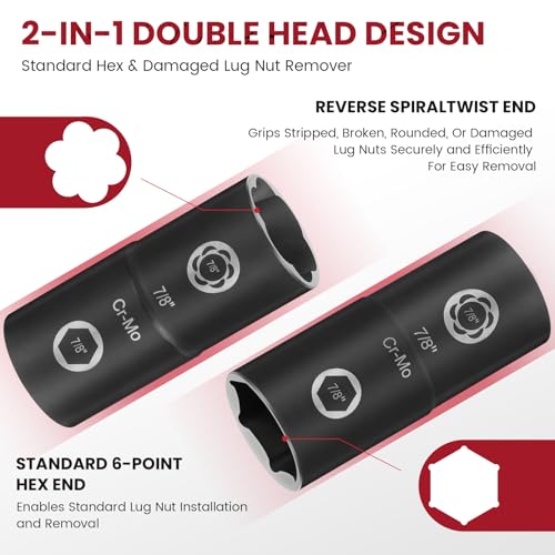 2-in-1 Lug Nut Removal Tool & Impact Socket Set, with 1/2" Drive, Easy Out Broken Bolt Extractor Kit, Ez Out Stripped Wheel Lock for Removing Rounded, Rusted Bolts, Nuts & Screw 7-Pieces(Red) - color: 7pcs