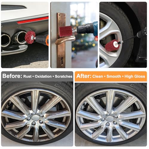 Linstyle Buffing Wheels for Drill: 9PCS Non-Woven & Cotton Polishing Wheel Kit, with Extension Holder 1/4" Hex Shank Drill Attachment Rust Removal for Car Wheel Rim Headlight, Metal, Aluminum, Brass