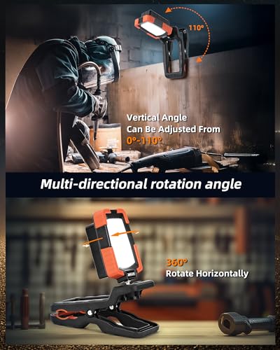LED Rechargeable Work Light with Clamp,1600LM Magnetic Clip Work Lights with 3 Light Modes, 360° ＆ 115° Rotate Portable Clamp Work Light, IP65 Waterproof for Car Repairing, Job Site, Workshop