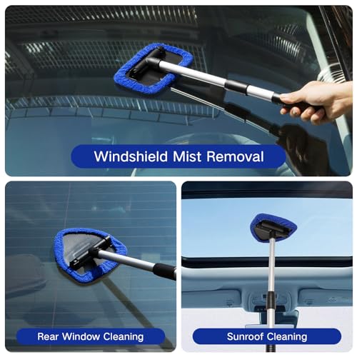 Qydipclin 7pcs Windshield Cleaner Tool Car Window Cleaning Wash Kit with 4 Reusable Microfiber Pads 1 Spray Bottle and Extendable Handle Auto Glass Wiper Kit, Blue - color: Blue