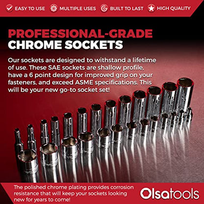Olsa Tools SAE Shallow Socket Set - 1/4-Inch Drive, 13pc - 6-Point Chrome Sockets 1/8" to 5/8" and No Skipped Sizes - Mechanic Shallow SAE Socket Set - Professional Grade Short Sockets - Part: 1330 - color: Sae Shallow, size: 13pc, 1/4-Inch Drive