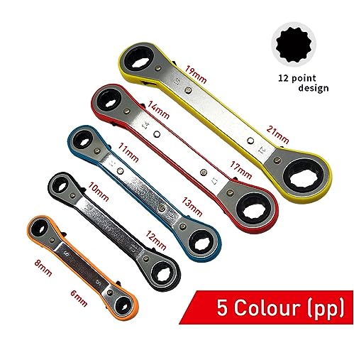 MacWork 5-Piece Offset Ratcheting Wrench Set Five Colors Reversible Universal Ratchet Double Ring Spanners,Professional Heat Treated Alloy Steel Metric Combination - size: Metric