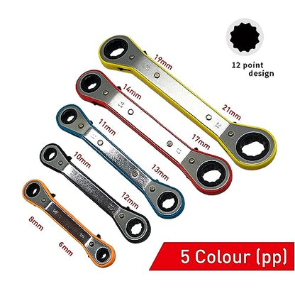 MacWork 5-Piece Offset Ratcheting Wrench Set Five Colors Reversible Universal Ratchet Double Ring Spanners,Professional Heat Treated Alloy Steel Metric Combination - size: Metric