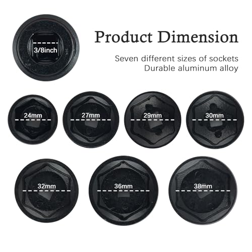 7PCS Oil Filter Socket Set,3/8" Drive 24mm,27mm,29mm,30mm,32mm,36mm,38mm Oil Filter Sockets Compatible with BMW GMC Ford Toyota,Aluminum Alloy Oils Filters Removal Tool Set