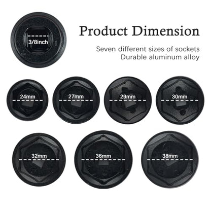 7PCS Oil Filter Socket Set,3/8" Drive 24mm,27mm,29mm,30mm,32mm,36mm,38mm Oil Filter Sockets Compatible with BMW GMC Ford Toyota,Aluminum Alloy Oils Filters Removal Tool Set