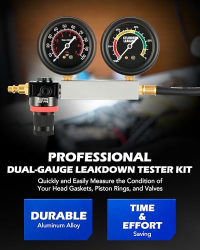 OMT Dual Gauge Engine Cylinder Leakage Tester Kit with Spark Plug Adapters | Solid Brass Core Material; 2.7 Inch Shockproof Rubber Dials; Petrol Vehicle Diagnostics; Ideal Auto Tool For Pro Mechanics