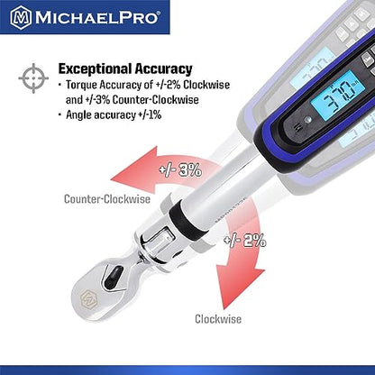 MichaelPro 3/8 Flex Head Digital Torque Wrench with Angle Function, 10 to 100 ft-lbs (10 to 135 Nm), Target Torque Multi-Alert System, 10 Available Presets | MP001226 - size: 3/8" Drive Flex Head