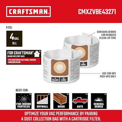 CRAFTSMAN CMXZVBE43271 Genuine 4 Gal. Wet Dry Vacuum Dust Collection Bags - style: 4 Gallon Fine Dust