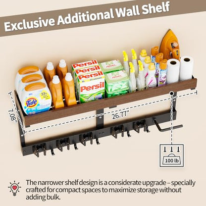 Broom and Mop Organizer Wall Hanging, Broom Hanger Holder Wall Mount | 3-in-1 mop and broom holder wall mount with 5 racks,5 hooks, storage shelf & vacuum organizer for garage,kitchen,laundry room