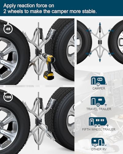 X Chocks XL [Extended Allow Drill Adjust], A Pair 4'' to 17'' Wheel Stabilizer for Travel Trailers, RV Tire Stabilizers Locked Chocks for Campers Travel Trailers Trucks, Wheel Scissor with Wrench - color: Gray