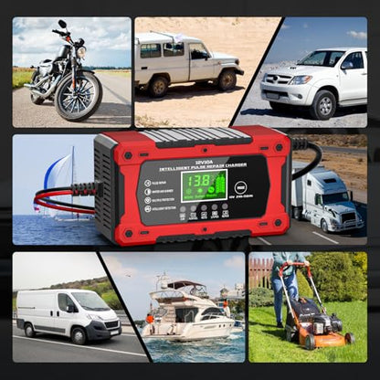 10A 12V Battery Charger for Car Fully Automatic Smart Trickle Charger & Maintainer with LCD Display, Temperature Compensation for Truck, Motorcycle, Boat, Lawn Mower - color: Light Red