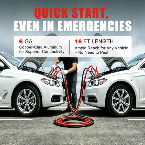 Jumper Cables,6 Gauge 16 Feet Battery Booster Cable for Car,Heavy Duty Automotive Jumper Wires with Clamp,Carrying Bag,Safety Gloves and Iron Brush for for Cars Trucks - size: 6 Gauge 16 feet (Standard)