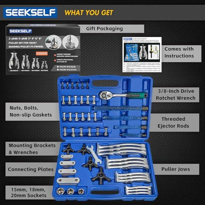3" 4" 6" 8" Gear Puller Set, 2-Jaw/3-Jaw Bearing Puller Kit with Ratchet Wrench, Heavy Duty Pulling Tool, Reversible Jaw for Internal External Flywheel Gear Pulley Bearing Rotor Removal