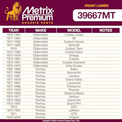 Metrix Premium Chassis Parts - Front Lower Ball Joint Fits 91-96 Buick Commercial Chassis, Roadmaster, 77-84 Cadillac Fleetwood, 73 Oldsmobile Vista Cruiser, 87-89 Pontiac Safari K6145T Made in Europe - size: K6145T