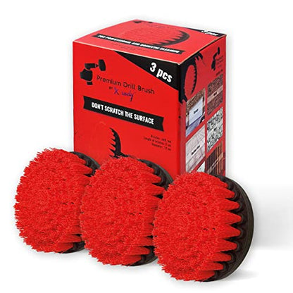 Premium Drill Brush Professional – Stiff 5 in Red Set of 3 | Scratch-Free Outdoor Cleaning Brush for Patio Bricks, Decking, Garden Tools, Lawn Mowers, Bicycles, Pool Tiles and Boat Hulls - color: Red