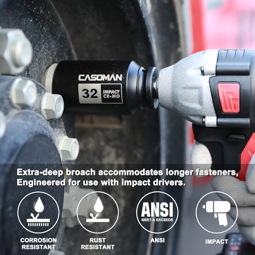 CASOMAN 1/2'' Drive Deep Spindle Axle Nut Impact Socket Set, 6 Point, CR-MO,32,33,35,36mm, 4PC 1/2-Inch Impact Socket Set, Heavy Duty Use In Removing And Installing Axle Nuts