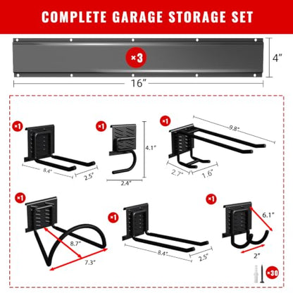 Garage Tool Organizer Wall Mount, Easy to 48inch Install Heavy-Duty Garage Storage System with 6 Adjustable Utility Hooks, Garden Tool Rack for Shovels, Rakes, Yard Tools - size: 48" System - 6 Piece Elite Set