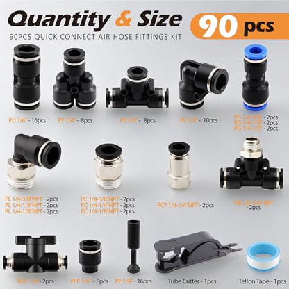 90PCS 1/4" 3/8" PBT & Brass Push-to-Connect Air Fittings Kit, Black Quick-Connect Pneumatic Set for Auto Shops & Garage Air Systems, with Tube Cutter & Tape in Toolbox Case - size: 90PCS Black