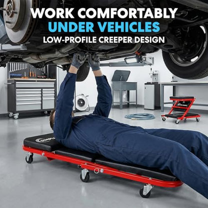 SIMPLI-Magic 2-in-1 Mechanic Creeper and Seat, Adjustable Rolling Automotive Creeper with Padded Cushion and Casters, Red